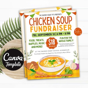 May include: A yellow and orange flyer with a bowl of chicken soup and the text "Chicken Soup Fundraiser" and "Fri, September 18 | 6 PM - 9 PM".