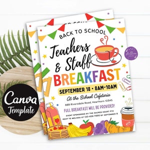 Editable Back to School Teacher Staff Brunch Flyer, PTO PTA School Fundraiser, Back to School Breakfast Invitation Printable CANVA Template