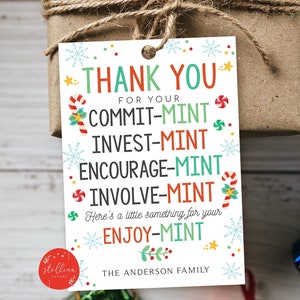 Christmas Mint Tags, Thank You Tags, Volunteer Labels, Printable, PTA Staff Gift Appreciation, INSTANT + EDITABLE, Christmas Holiday Gift