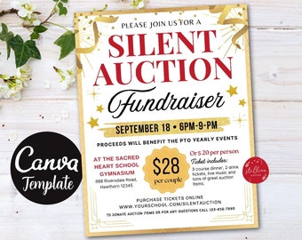 Editable Silent Auction Flyer Template: School Fundraiser (CANVA) Black Tie Gala