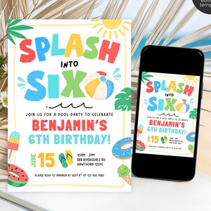 Inbjudan till Splash Into Six | Inbjudan till poolparty för pojke, sommar, 6-årsdag | Splish Splash Canva-mall