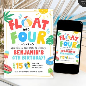 Float Into Four Invitation | Boy Summer 4th Birthday Pool Party Invite | Tropical Canva Template