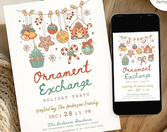 Holiday Ornament Exchange Party Invitation, Christmas Retro Invite, Editable CANVA Template, Hand Drawn Doodle