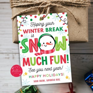 Espero que suas férias de inverno sejam neve, etiqueta muito divertida do professor, etiqueta de presente de feriado para impressão, crianças, natal, sala de aula, festa, modelo editável