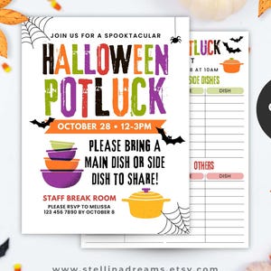 Halloween Potluck Flyer & Sign Up Sheet Set | Bearbeitbare Canva-Vorlagen | Wertschätzung Luncheon einladen