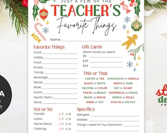 May include: A printable "Teacher's Favorite Things" template with a festive Christmas theme. The design includes space for favorite colors, hobbies, and gift card preferences. The Canva editable template is decorated with holiday elements.