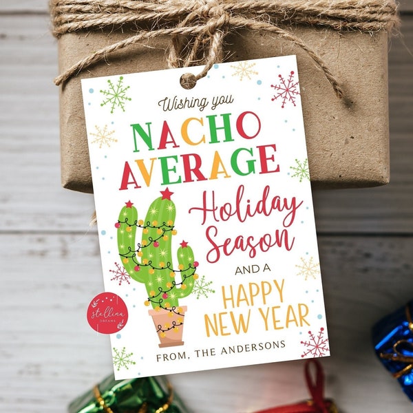 Editable Christmas Gift Tags, Nacho Average Holiday, Fiesta Feliz Navidad Gift Label, Secret Santa Teacher Staff Salsa Xmas Tag DIY Template