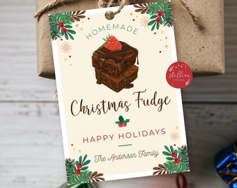 Editable Christmas Gift Tags, Chocolate Fudge, Holiday Candy Homemade Bakery Treat Gift Tag, Secret Santa Teacher Xmas Label, DIY Template