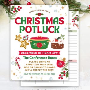 May include: Christmas Potluck invitation with red and green text, featuring illustrations of a pot, gingerbread cookies, and a cake. The invitation includes event details and a request to bring a dish to share.
