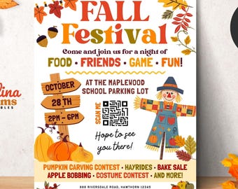 Fall Harvest Festival Flyer Canva Template | Editable Autumn Event Poster | School PTA PTO Printable