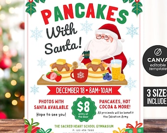 May include: A festive flyer for a "Pancakes with Santa" event, featuring a cartoon Santa Claus and pancakes. The flyer includes the date, time, and details about photos with Santa and the event's proceeds benefiting the Salvation Army.