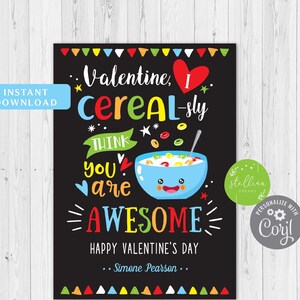 Cereal Valentine&#39;s Day Gift Tags, I Cereal-sly Think You&#39;re Awesome, Friend Classroom Classmate Printable, Kids Valentine,  INSTANT DOWNLOAD