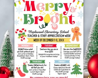 Holiday Teacher Staff Appreciation Week Flyer | Merry & Bright Christmas Theme | Editable Canva Template