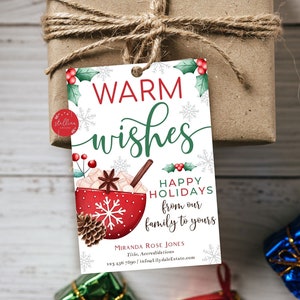 Bewerkbare Kerst Warme Wensen Gift Tag, Realtor Hot Chocolate Pop By Gift Tags voor klanten, onroerend goed marketing tags, Holiday Treat Tag
