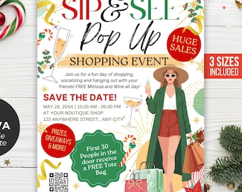May include: A festive flyer for a "Sip & See Pop Up Shopping Event" with a woman illustration, shopping bags, and text. Includes "Huge Sales" and "3 Sizes Included" badges. Decorated with holiday elements.