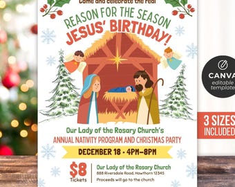 Puede incluir: Un folleto navideño con el texto "Reason for the Season Jesus' Birthday!". Presenta una ilustración del nacimiento de Jesús. El folleto también incluye detalles del evento para la fiesta de Navidad de la iglesia Our Lady of the Rosary.