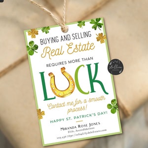 EDITABLE Etiqueta emergente del Día de San Patricio, la compra y venta de bienes raíces requiere más que suerte Casa abierta Agente de bienes raíces Pop By, marketing inmobiliario