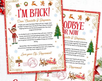 May include: Two Christmas-themed Canva templates with red and gold borders. One says "I'M BACK!" and the other says "GOODBYE FOR NOW." Both include festive illustrations of elves, reindeer, and Christmas trees. The templates are designed for holiday greetings.