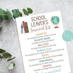 BEWERKBARE School Leaver's Survival Kit Card, Fun Novelty Gift, Unieke Graduation Gift, Gag Funny, New School, College Grad INSTANT DOWNLOAD
