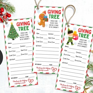 May include: Three Giving Tree gift tags with festive designs. Each tag features a holiday character, a Christmas tree, and fill-in-the-blank sections for name, age, gender, sizes, and wishlist. The tags are strung with twine.