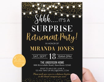 Editable Surprise Retirement Invitation Black Gold Printable Digital Invite, Retirement Party String Lights Glitter Elegant INSTANT DOWNLOAD