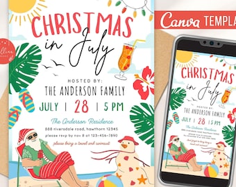 Christmas in July Invitation: Tropical Summer Xmas, CANVA Template (Digital) Holiday Pool Party
