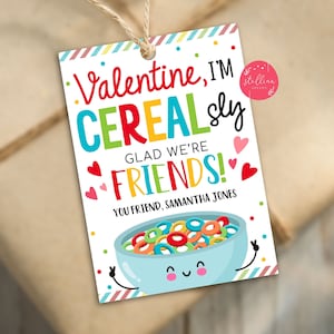 EDITABLE Valentine Gift Tag, Cereal Valentine&#39;s Day Gift Tags, I Cereal-sly Think You&#39;re Awesome, Friend Classroom Classmate Printable DIY