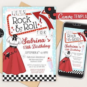 Könnte beinhalten: Eine Einladung im Retro-Stil für Sabrinas 18. Geburtstag, mit einem roten und weißen Poodle-Rock, einem weißen Hemd und dem Text "Let's Rock & Roll". Die Einladung hat einen hellblauen Hintergrund mit Punkten.
