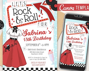 May include: A retro-themed invitation for Sabrina's 18th birthday, featuring a red and white poodle skirt, a white shirt, and the text "Let's Rock & Roll". The invitation is on a light blue background with polka dots.