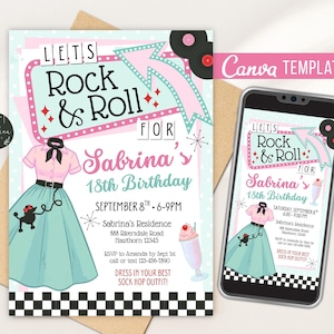 Könnte beinhalten: Eine Einladung im Retro-Stil für Sabrinas 18. Geburtstag, mit einem rosa und türkisfarbenen Farbschema. Das Design umfasst ein stilisiertes Kleid, einen Milchshake und den Text "Let's Rock & Roll". Ein Smartphone zeigt die Einladung. Die Canva-Vorlage ist sichtbar.