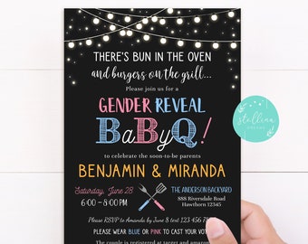 EDITABLE Geschlecht offenbaren Baby-Q Einladung, Baby-Sprinkle, Paare Dusche Grill out Feier, BBQ Picknick, es gibt ein Brötchen im Ofen einladen