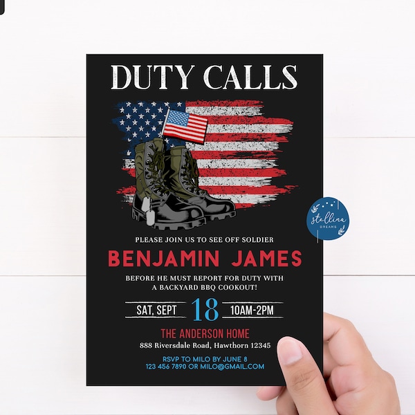 Editable Duty Calls Deployment Invitation, Printable Digital US Army, Going Away Soldier Invite, Retirement Party, American Flag BBQ Invite