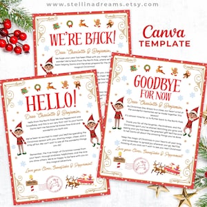 May include: Three Christmas-themed cards with red and gold borders, featuring elf illustrations and festive text. The cards say "WE'RE BACK!", "HELLO!", and "GOODBYE FOR NOW". The Canva template design includes decorative elements like stars and snowflakes.