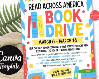 May include: A colourful flyer for a book drive titled "Read Across America Book Drive" with a stack of books and a fishbowl with a fish. The flyer states that the drive is from 8th March to 18th March and lists two locations to donate books: Sacred Heart Community Centre and Sacred Heart Community Library.