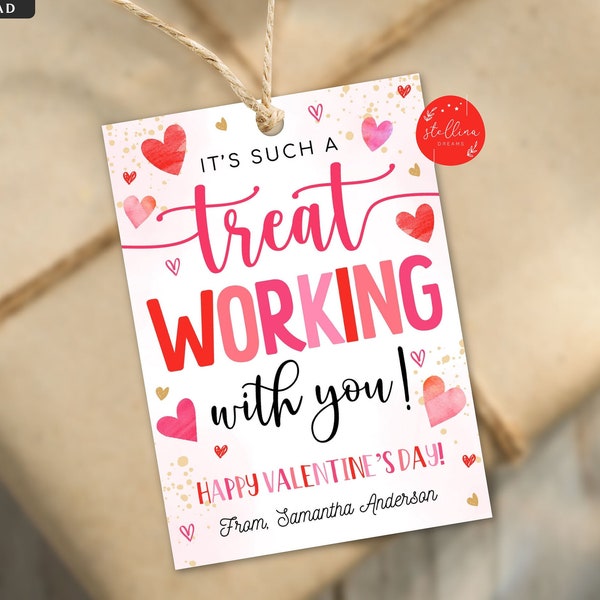 Coworker Valentine's Tag, It's such a Treat Working with You Valentine's Day Tags Office Valentine Workplace Employee Gift EDITABLE template