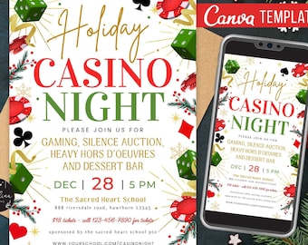 Puede incluir: Una invitación festiva para una noche de casino navideña con detalles dorados, rojos y verdes. El diseño incluye dados, palos de cartas y fichas de casino. Un smartphone muestra el mismo diseño. El texto dice "Holiday Casino Night".