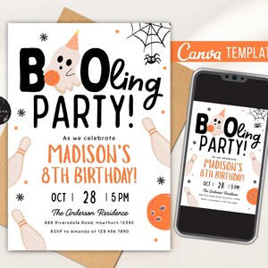 May include: A Halloween-themed party invitation with the text "Boo-ling Party!" and details for Madison's 8th birthday. The design includes bowling pins, a ghost, and a spiderweb. A smartphone displays the invitation.