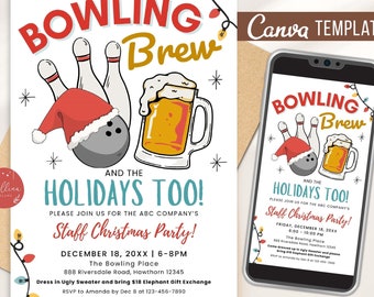 May include: A white invitation with a red, white, and blue bowling pin with a Santa hat on top, a yellow beer mug, and the text "Bowling Brew and the Holidays Too!"  Please join us for the ABC Company's Staff Christmas Party! December 18, 20XX | 6-8PM The Bowling Place 888 Riversdale Road, Hawthorn 12345 Dress in Ugly Sweater and bring $18 Elephant Gift Exchange RSVP to Amanda by Dec 8 at 123-456-7890