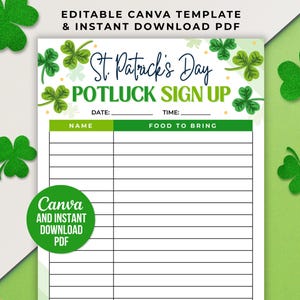 Op de afbeelding: Een St. Patrick's Day potluck inschrijfformulier met groene klaverdecoraties. Het formulier bevat velden voor naam en mee te nemen eten. De tekst "Editable Canva Template & Instant Download PDF" staat bovenaan.