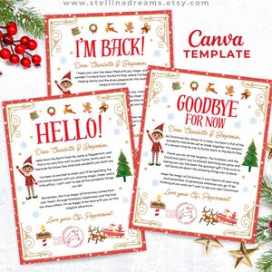 May include: Three Christmas cards with red borders and gold detailing. The cards say "I'M BACK!", "HELLO!", and "GOODBYE FOR NOW". Elf illustrations and festive graphics decorate the cards. The words "Canva Template" are also visible.