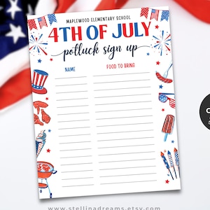 Può includere: Un foglio di carta bianco per un potluck del 4 luglio con testo rosso e blu che recita Maplewood Elementary School, 4th of July, potluck sign up, Name e Food to Bring. Il bordo presenta illustrazioni di fuochi d'artificio, un cappello e cibo.