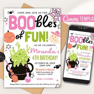 Editable Kids Halloween Party Invitation: Costume Birthday, Canva Template, Boo-bles of Fun Pink
