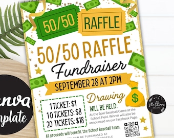 Editable 50/50 Raffle Ticket Fundraiser Flyer, split the pot Raffle fundraiser, Sports Fundraiser, Church School Charity CANVA Template Diy