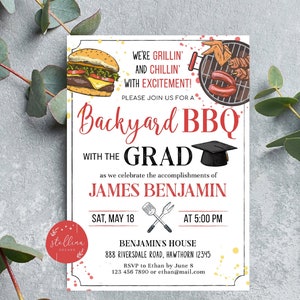 Editable Backyard BBQ Graduation Invitation, Digital College Grad Invite, Guy, Man Senior Grad Party, Grill & Chill BBQ, hamburger, INSTANT