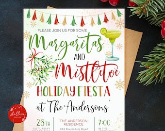 May include: A white invitation card with a festive Christmas theme. The card features a green mistletoe sprig, red and green Christmas lights, and a margarita glass with a lime wedge. The text on the card reads "Please join us for some Margaritas and Mistletoe Holiday Fiesta at The Andersons. 28th Saturday December. The Anderson Residence 888 Riversdale Road Hawthorn 12345 7:00 in the afternoon. RSVP to Amanda by December 8 at 123 456 7890. Bring a $18 gift for a Secret Santa Game!"