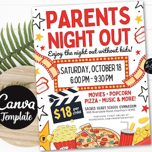 Editable Parents Night Out Flyer, Movie Night Flyer, Printable Family Fundraiser Event, Community Church Parents Date Night CANVA Template