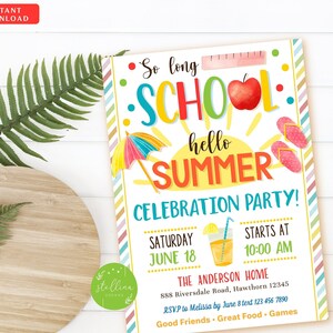 EDITIERBARE Ende der Schulparty Einladung, Auf Wiedersehen Schule Hallo Sommer, Klassenparty Pool, Hinterhof Grillparty, Lehrer Klassenzimmer Party Bash