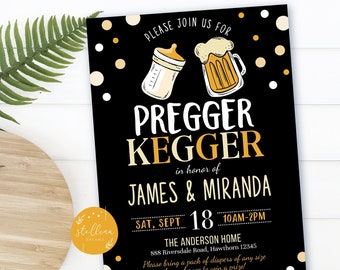 May include: Black and gold baby shower invitation with the text "Pregger Kegger" in honor of James & Miranda. The invitation includes a baby bottle and a beer mug graphic. The event is scheduled for Saturday, September 18th from 10am to 2pm at The Anderson Home.