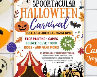 May include: A Halloween carnival poster featuring a pumpkin, ghost, and bat illustrations. The poster includes the text "Spooktacular Halloween Carnival" with event details, and a "Free Entry" badge. Balloons with jack-o'-lantern and ghost faces are in the image.