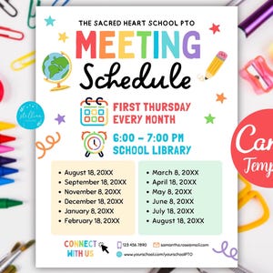 May include: A colorful school PTO meeting schedule template with the text "MEETING Schedule". The schedule includes dates, times, and location. The design incorporates a globe, pencil, and clock illustrations. The Canva template is surrounded by school supplies.